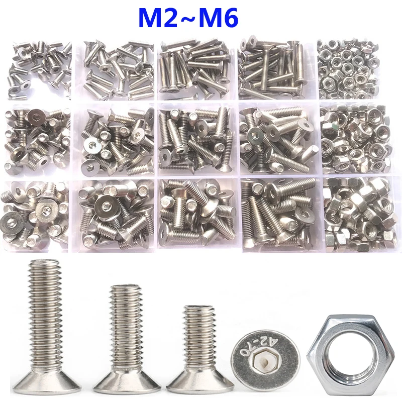 Innensechskantschrauben M2 M2.5 M3 M4 M5 M6 aus Edelstahl 304 mit Senkkopf und Muttern-Set