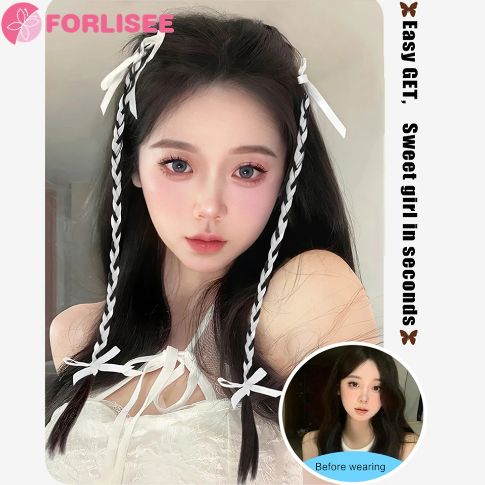 FORLISEE Synthetic Wig Braid Female Ponytail Ribbon Tied Hair Sweet Cool Ballet Boxing Fried Dough Twists Braid Bow Pigtail