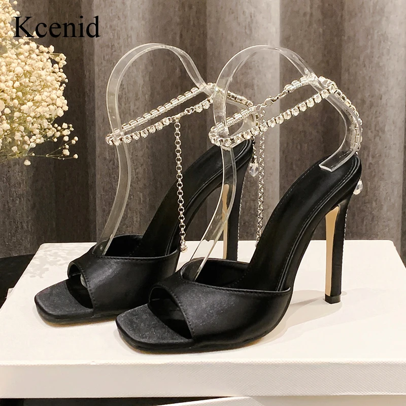 Kcenid New Design Silk Peep Toe Women Sandals Elegant Summer Rhinestone Buckle Strap High Heels Banquet Party Gladiator Shoes