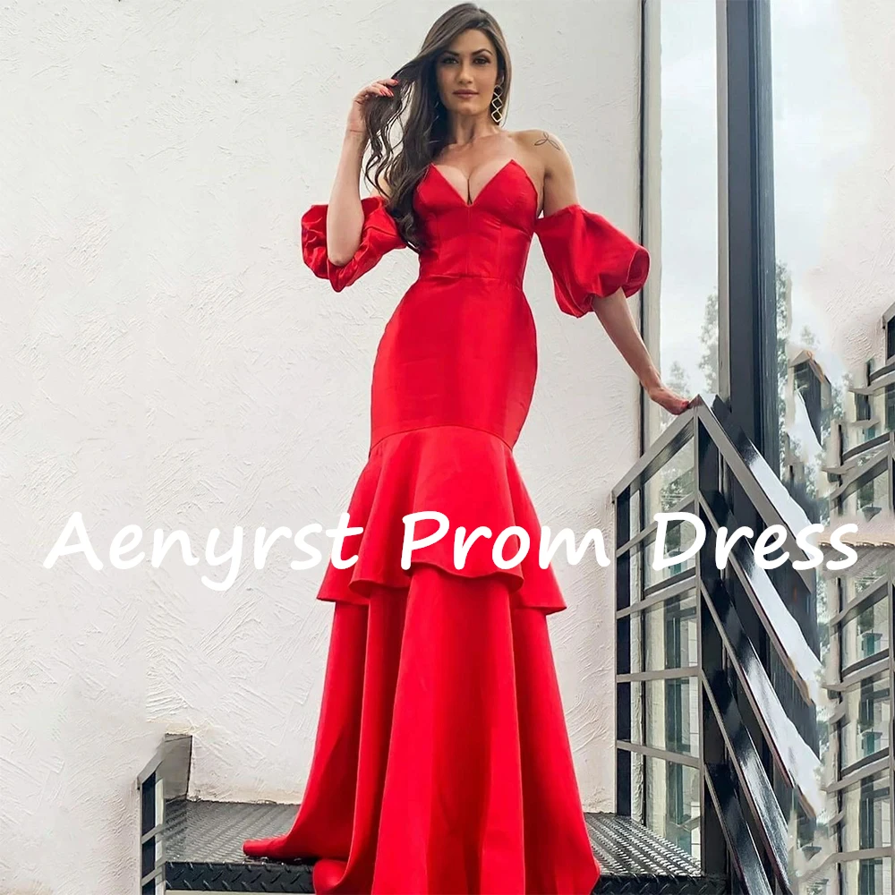 Aenyrst Red V Neck Saudi Prom Dresses Mermaid Satin Detachable Puff Sleeves Evening Gowns Floor Length Christmas Party Dress