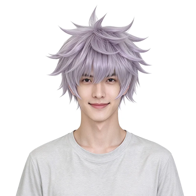 Gojo Satoru Cosplay Wig Jujutsu Kaisen Anime Fluffy Lavender Purple Short Layered Spiky Wig Unisex Heat Resistant Synthetic Hair