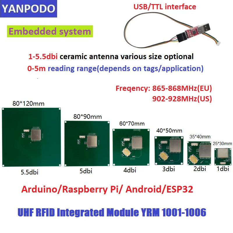 yanpode leitor e gravador de modulo integrado rfid uhf antena 3dbi usb aonnector ttl sistema embutido raspberry pi 01