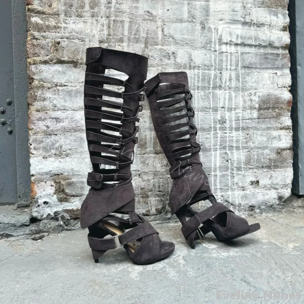Hollow Flannel Knee High Sandals Women Open Toe Intricate Cross Straps Stiletto Boots 2025 Designer Style Handmade Sandals Boots