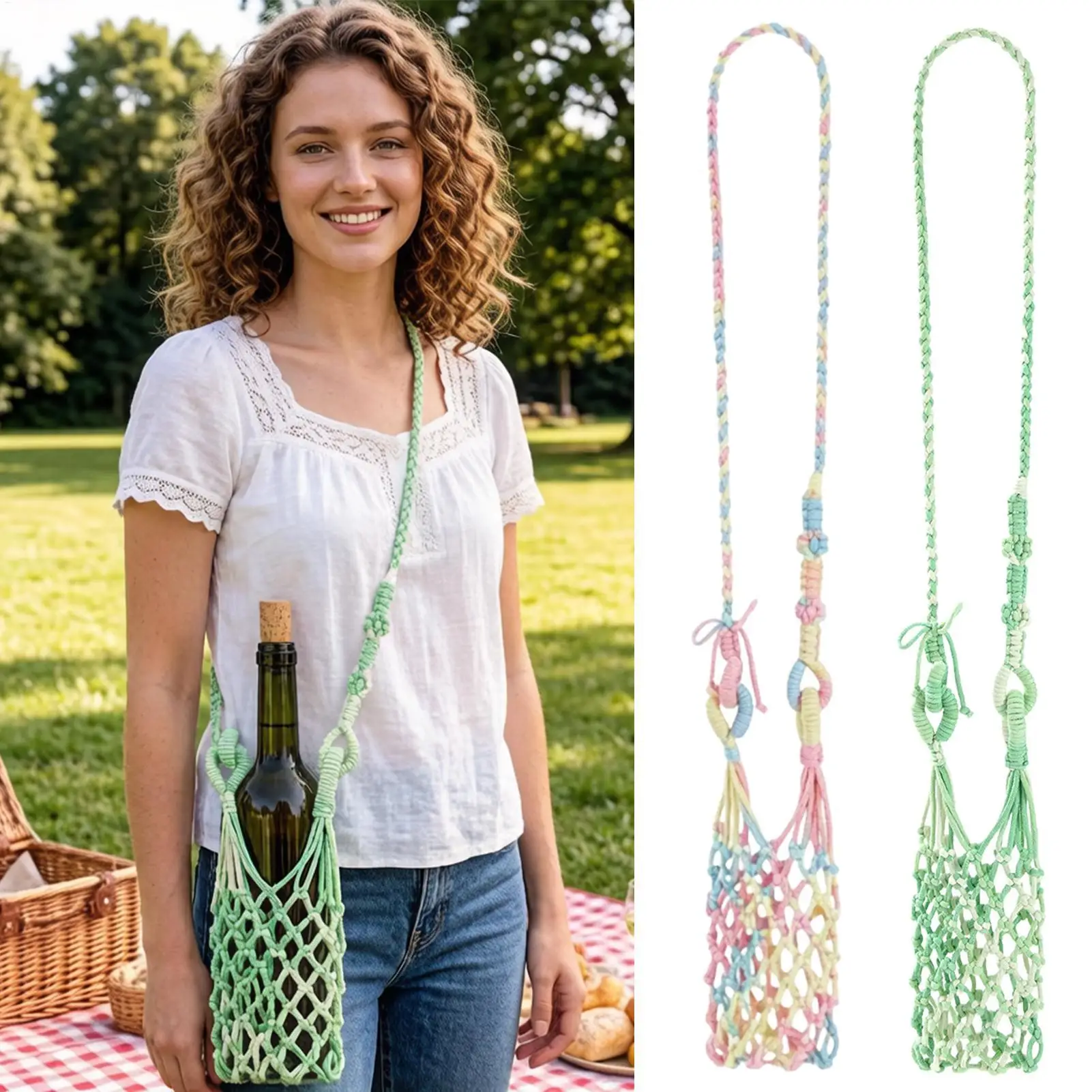 Hands Free Crochet Wine Glass Crossbody Bag Boho Woven Lanyard Holder Phone Cola Beverage Bottle Female Party Beach Craft