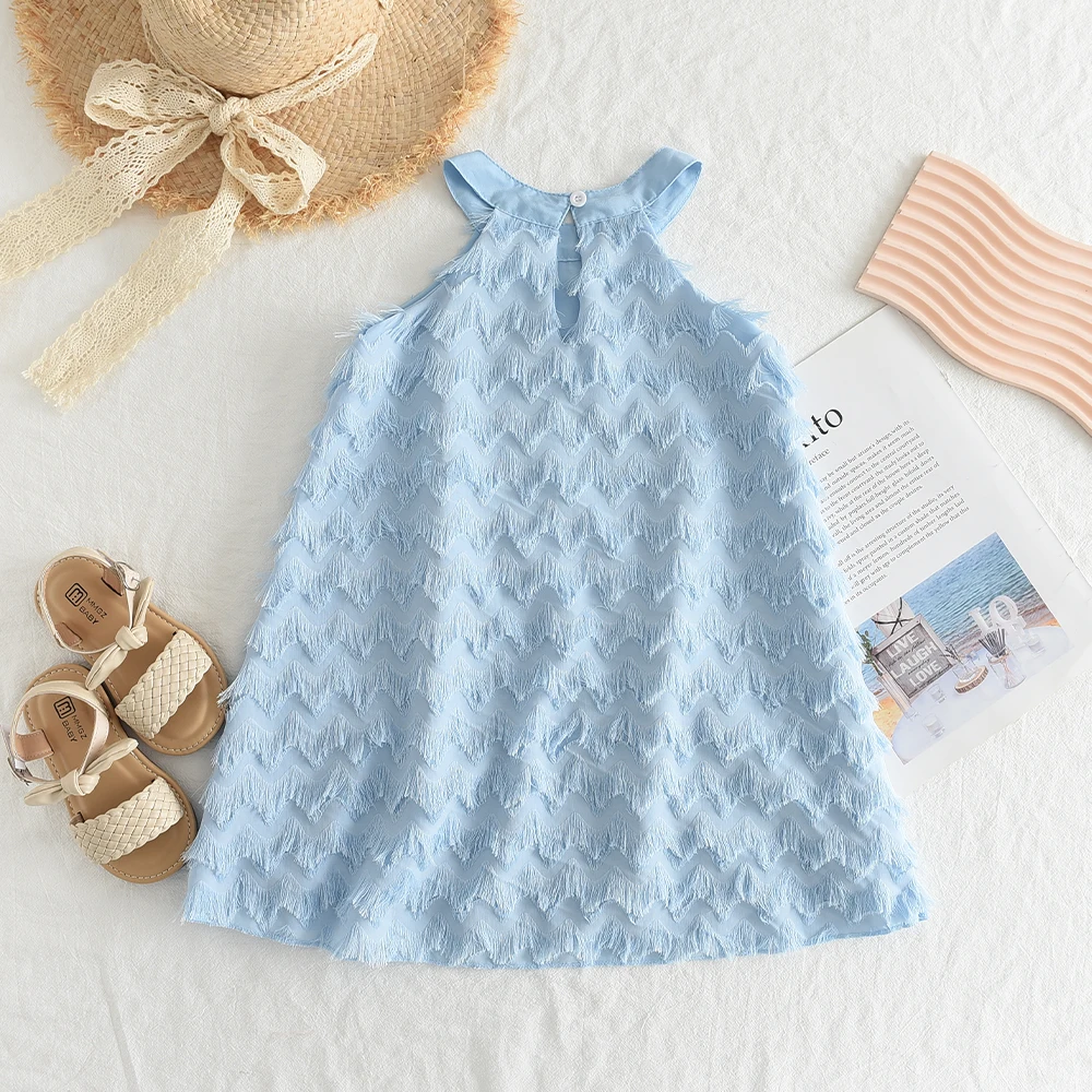 Blue Summer New Solid Color Girls' Casual Sleeveless Dress with Tassel Decoration Sweet and Cute Children's Clothes