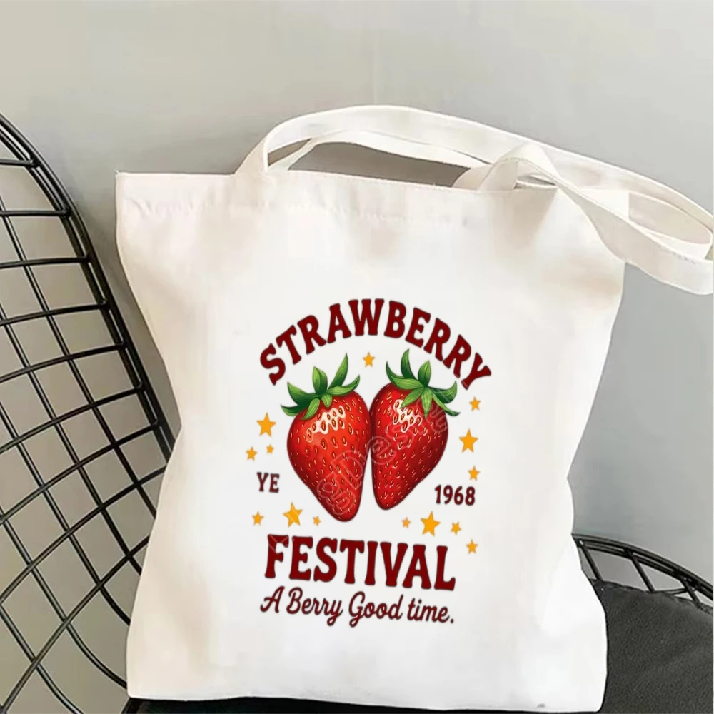 Strawberry Festival Canvas Tote Bag Casual Shoulder Bag with Vintage YE 1968 Print Reusable Grocery Handbag for Daily use