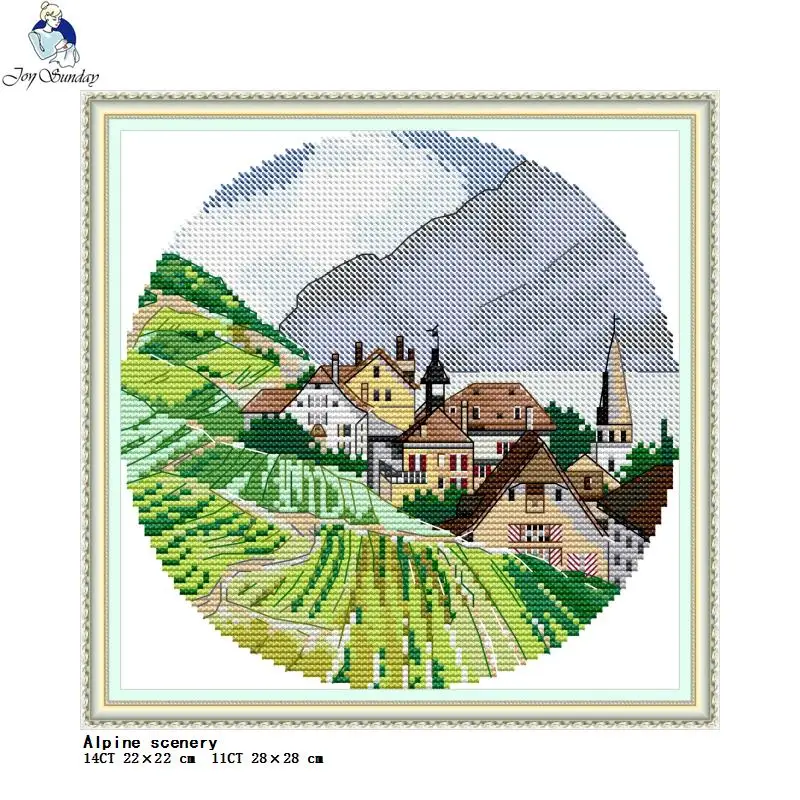 Round Scenery Painting Series Joy Sunday Counted Cross Stitch Kit 14CT 11CT White Fabric Printed Needle ＆ Thread Set Home Decor