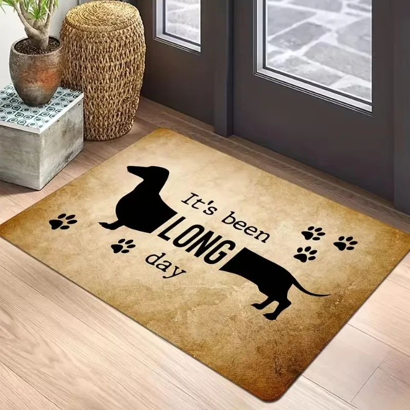 Vintage Dachshund 'Long Day' Non-Slip Doormat - Lightweight, Polyester Mat with Paw Print Design for Kitchen, Bedroom, Bathroom