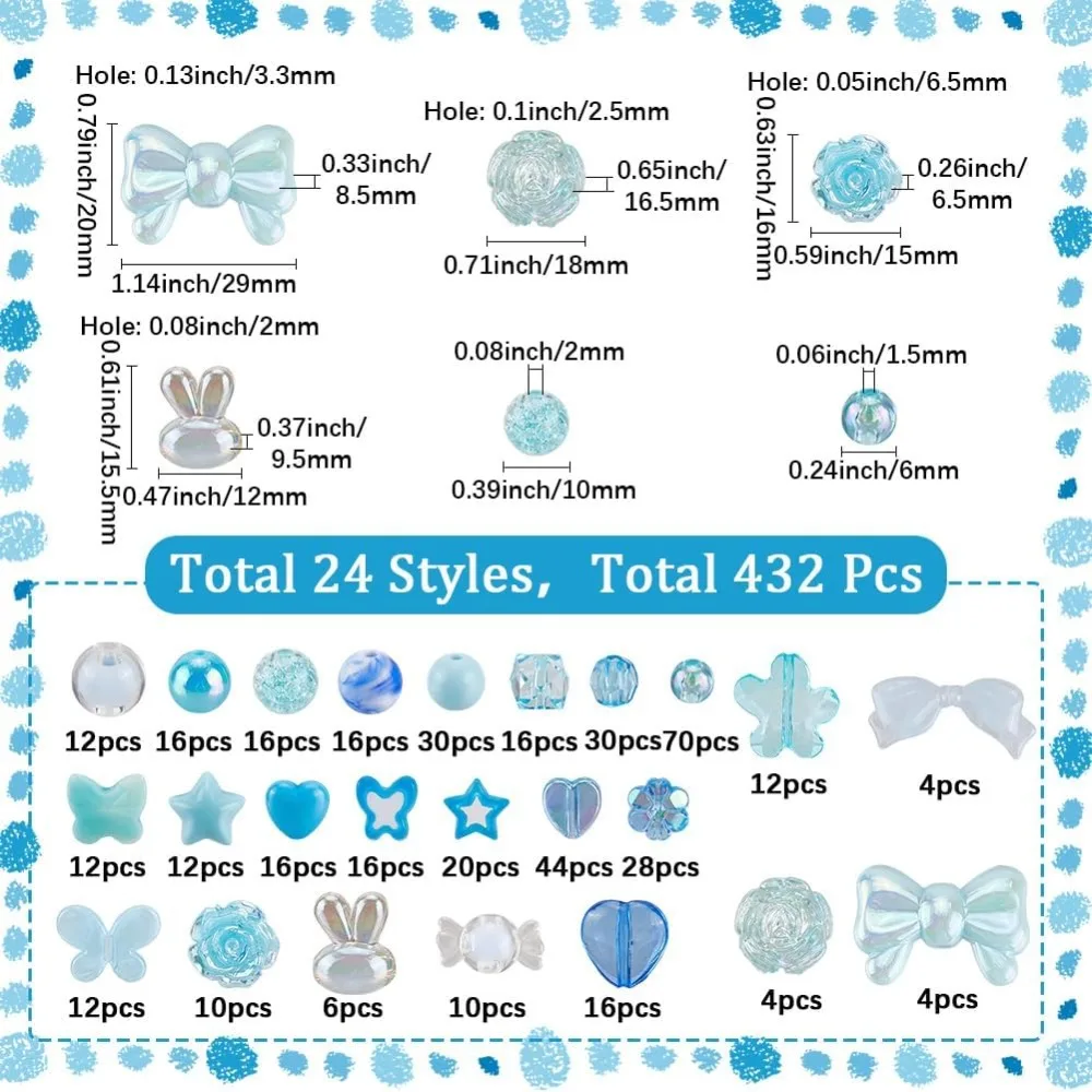 432Pcs 24 Styles Blue Acrylic Beads Friendship Bracelet Making Kit Cute Summer Winter Holiday Heart Star Flower Loose Spacers