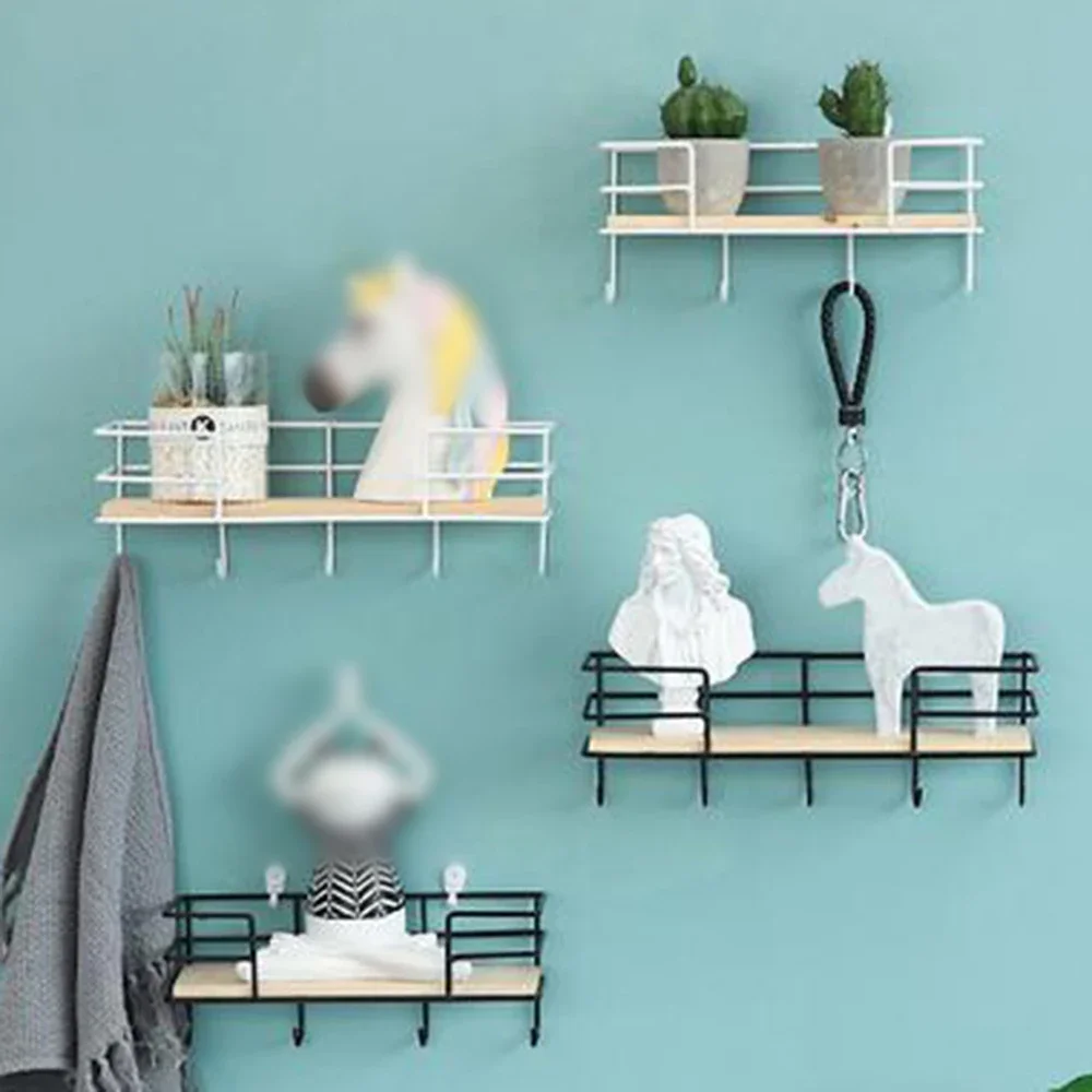 2pcs for  Iron+Wood Kitchen And Living Room Wall Decoration Key Hook Storage Rack Storage Shelf Hollow Design