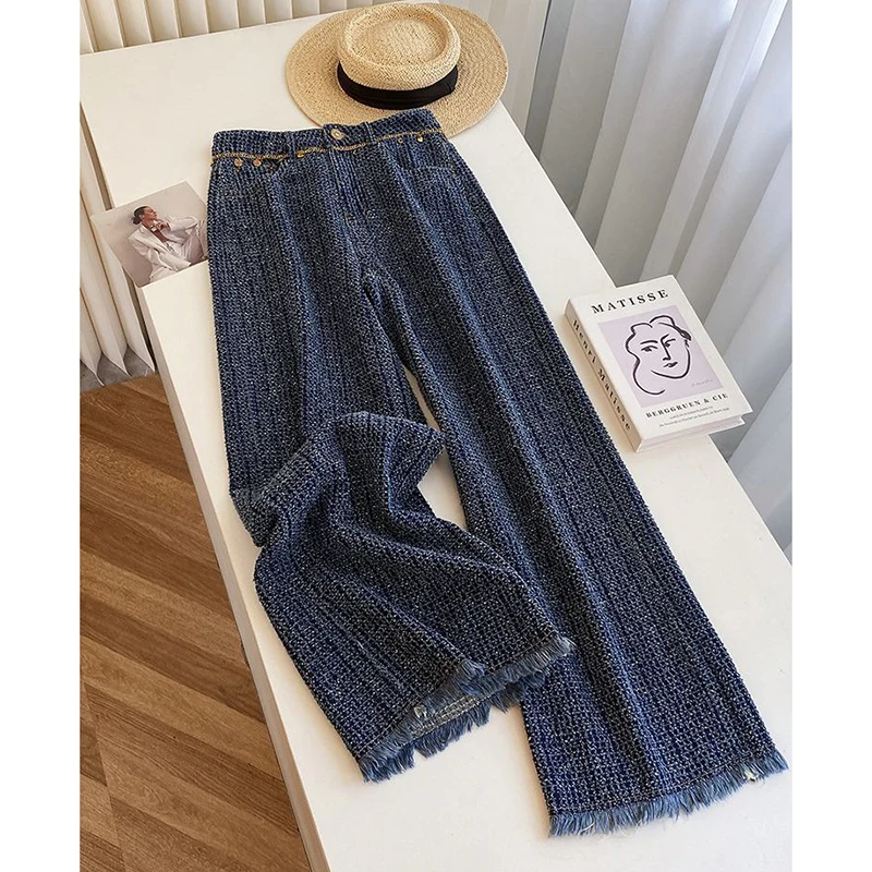 

Корейские осенние модные широкие джинсы-брюки для женщин, свободные прямые брюки, повседневные универсальные брюки для дам