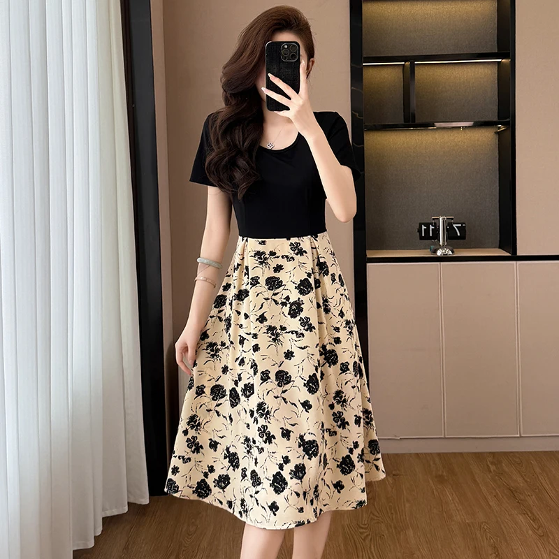 

Floral Print Midi Dress Women's A-Line Cotton Blend Summer Elegant Style Short Sleeve round Neck Two-Piece Look Faux Dress