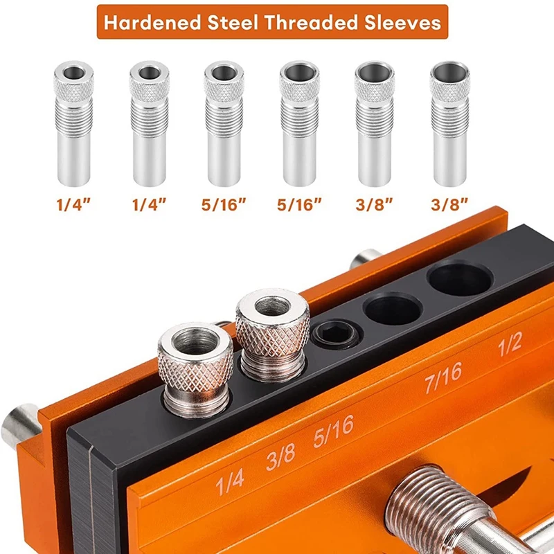 Self Centering Doweling Jig, For Straight Holes, Adjustable Width Woodworking Locator Set With 6 Drill Guide Bushings