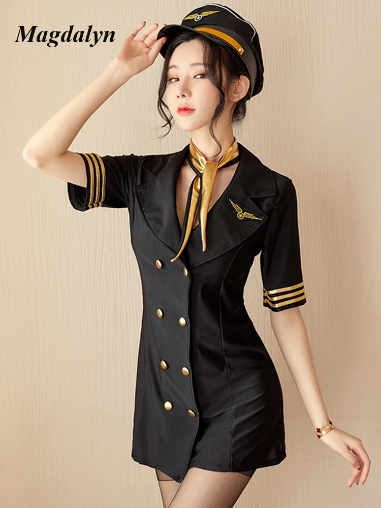 Magdalyn Women Sexy Dress Stewardess Policewoman Uniform Short Sleeve Erotic Cosplay Costume Nightwear Four Pieces Pajamas Suits