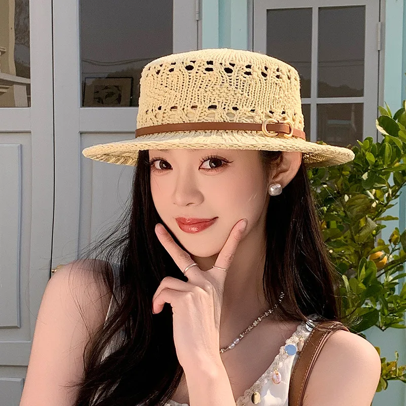 2026 Flat Top Sun Hat Delicate Weaving Straw Hat Summer Straw Hat Pearl New Elastic Ribbon Hat Sombreros Chapeau Femme