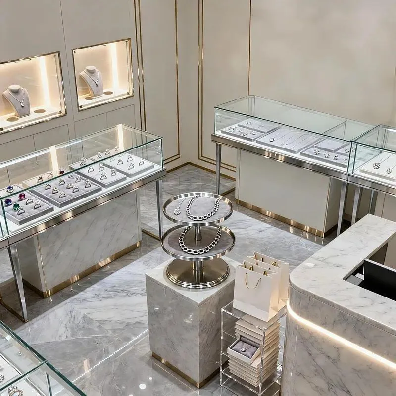 for Luxury plywood jewelry display case with LED lighting for retail stores