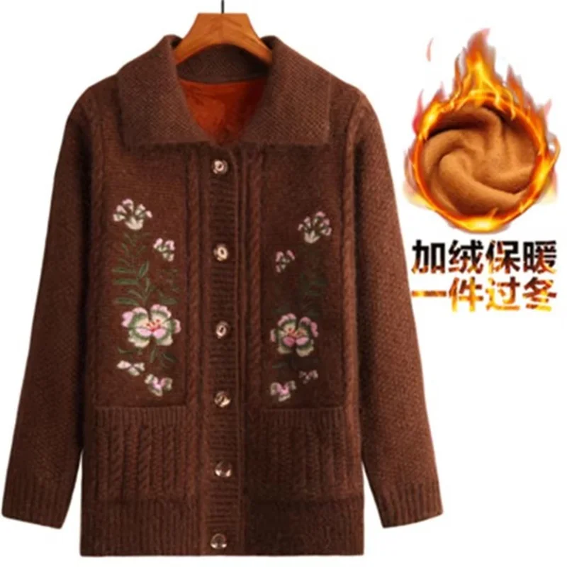 

Женский вязаный кардиган для пожилых людей, новая осенне-зимняя куртка, утепленный свитер, женский однобортный вязаный кардиган, пальто