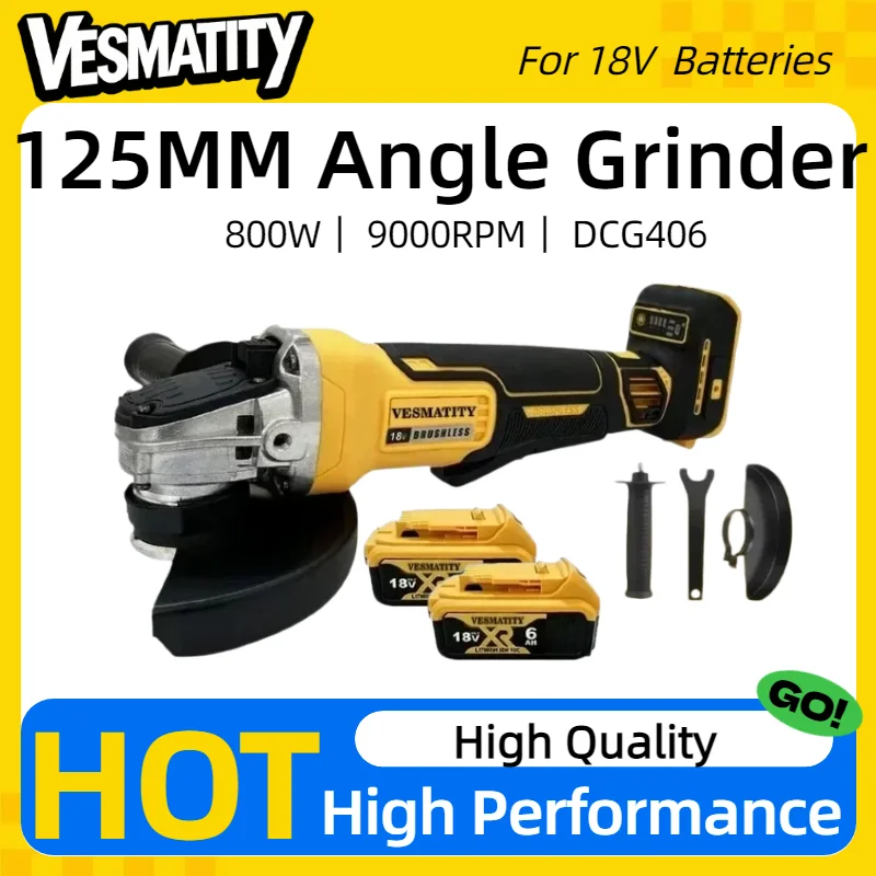 DCG406 125MM Brushless Cordless Angle Grinder 9000RPM Cutting & Polishing Electric Power Tool Compatible with 18V Battery
