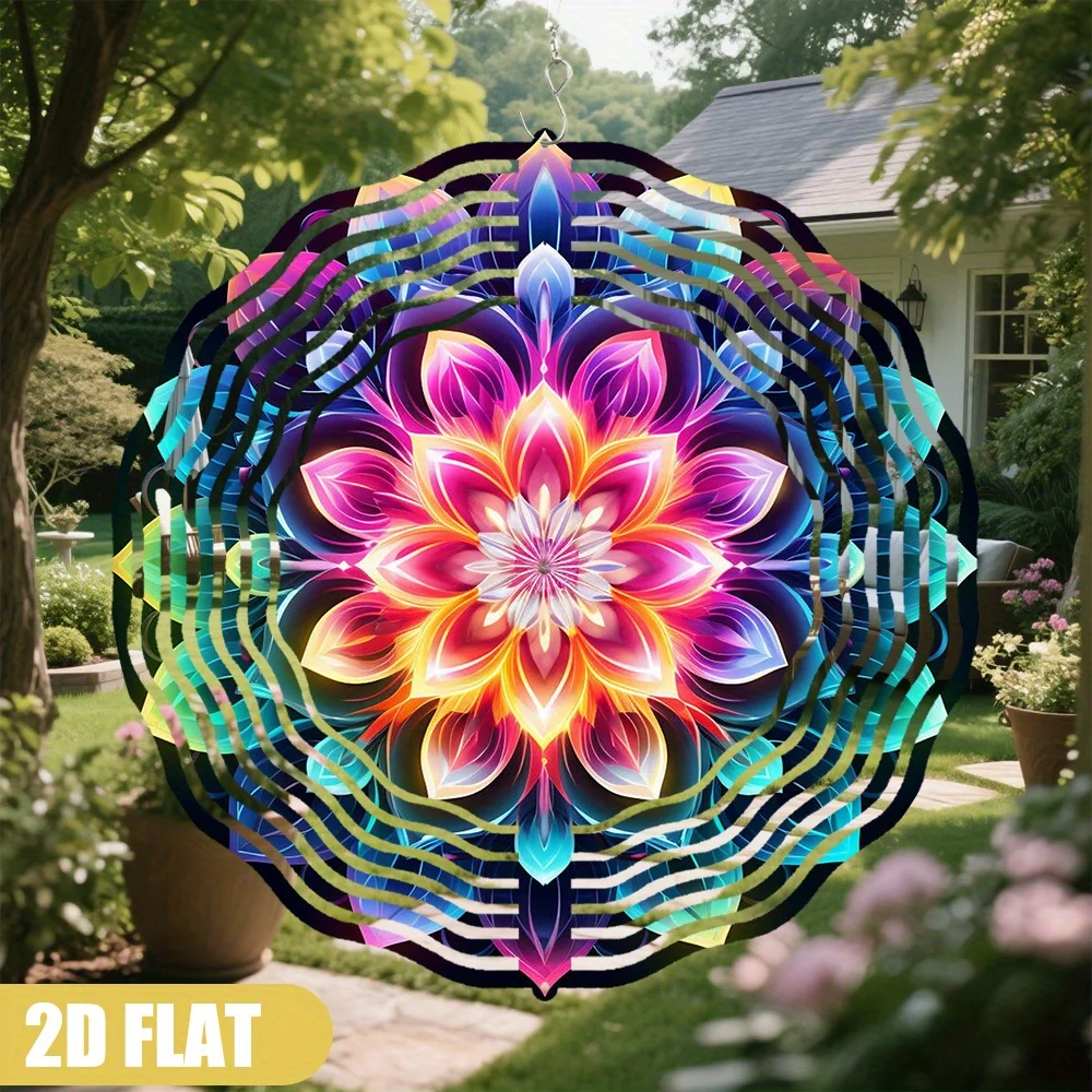 2D Flat, 1pc Vibrant Mandala Flower Wind Chime - Round Metal Spinner with Colorful Geometric Design, 360° Rotating Hook Indoor