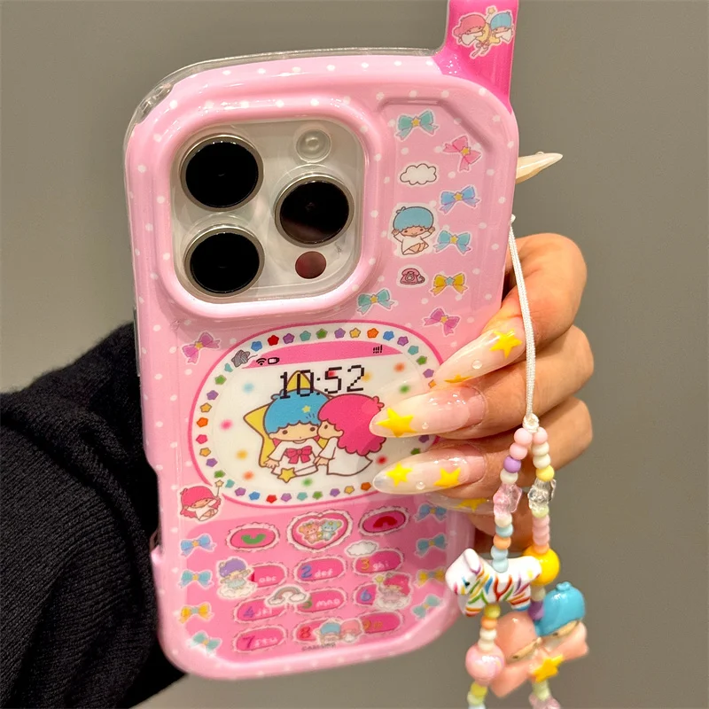 

Cute sweet Pink Gemini Bow Star mobile phone Case For iPhone 13 14 15 16 Pro Max Cute Star Bear Little Twin Shell Gemini Lanyard