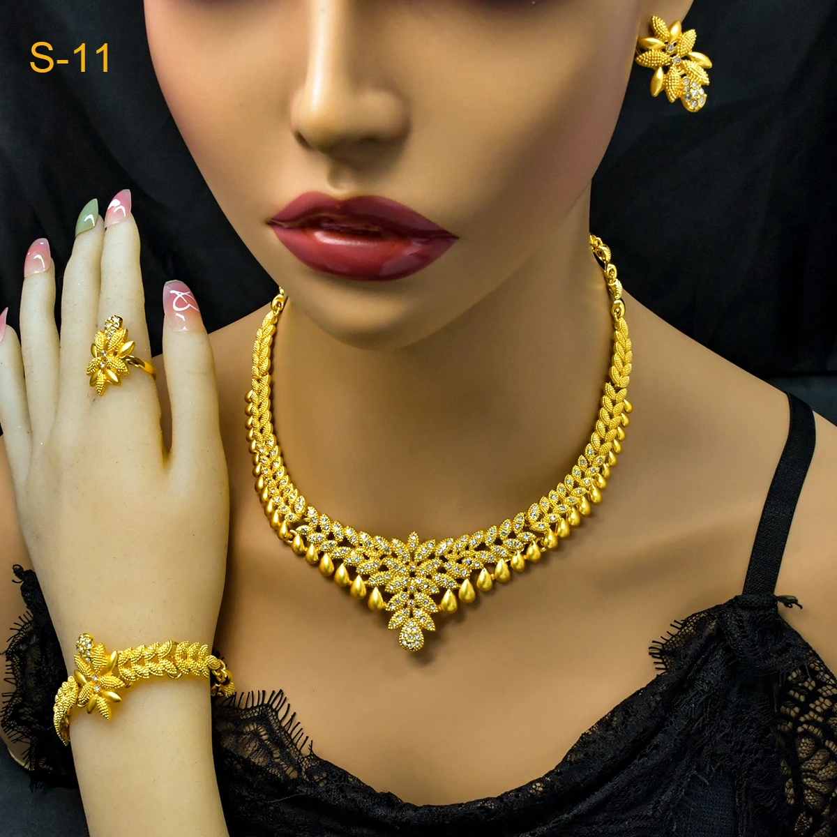 Fashion Dubai 24K Gold Color Jewelry Set for Women Nigeria Wedding Necklace Earrings Bracelet Ring Bridal Jewellry Accessories