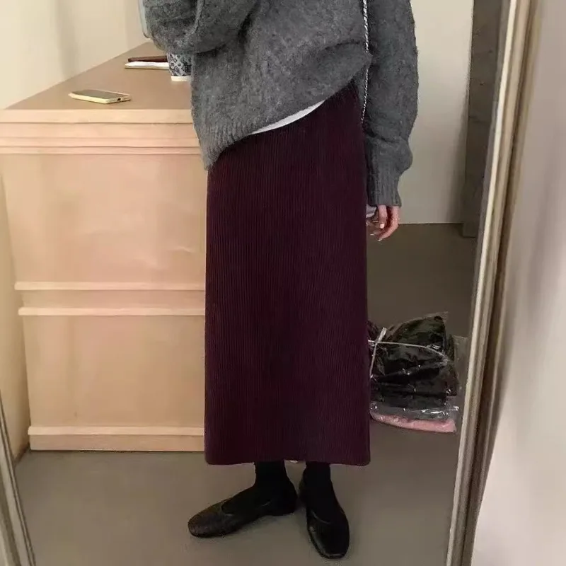 OCEANLOVE سروال قصير التنانير النساء الصلبة الخريف الشتاء ألف خط أنيقة تنورة طويلة الكورية موضة بسيطة عالية الخصر الرجعية Jupe فام #2