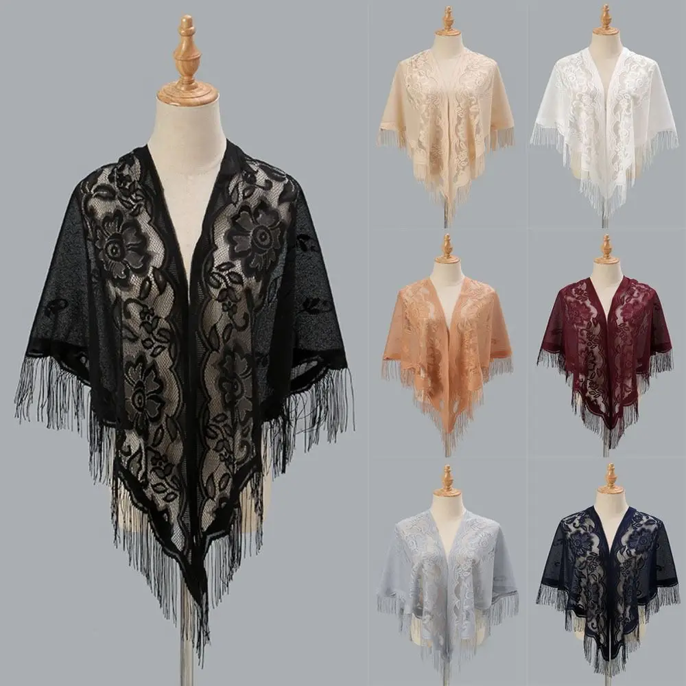 Tassel Patchwork V-Neck Cardigans Women Vintage Shawl Party Dinner Top Scarf Shawls Mesh Cloak Capelet Fringes