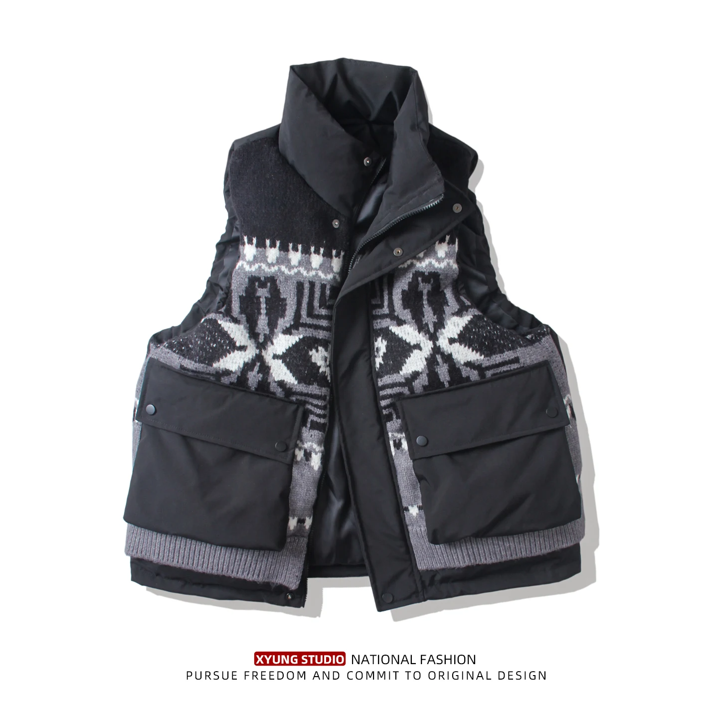 

Men's Loose Fit Cotton Vest Winter Warm ket Outerwear oulder Pad Faion Urban Sle Zipper Closure Geometric Pattern