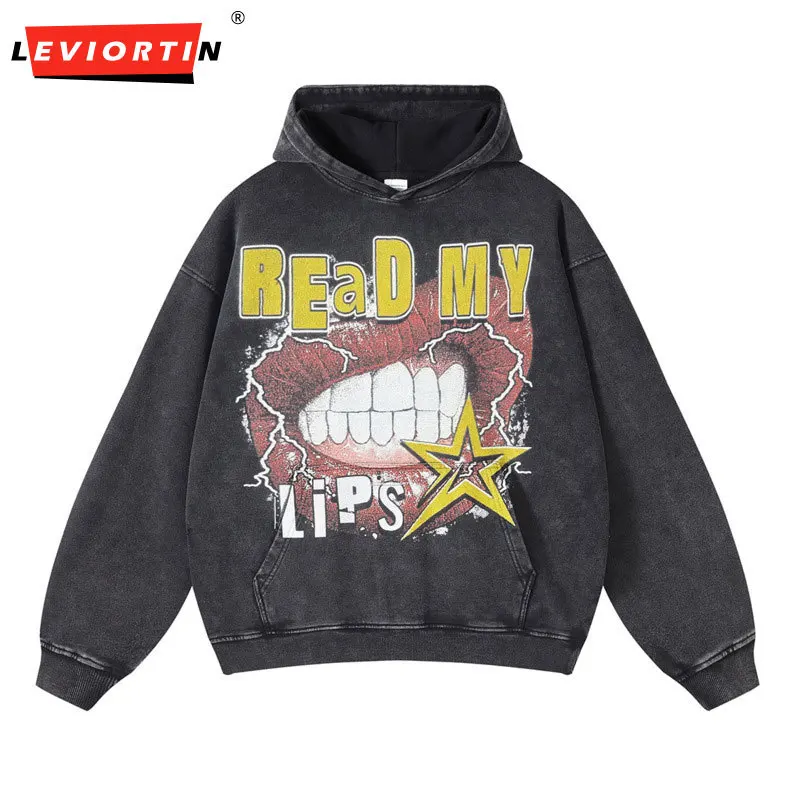 

Hip Hop Hoodie Vintage Funny Lips Star Graphic Print Washed Sweatshirt Harajuku Streetwear 2024 Loose Hooded Pullover