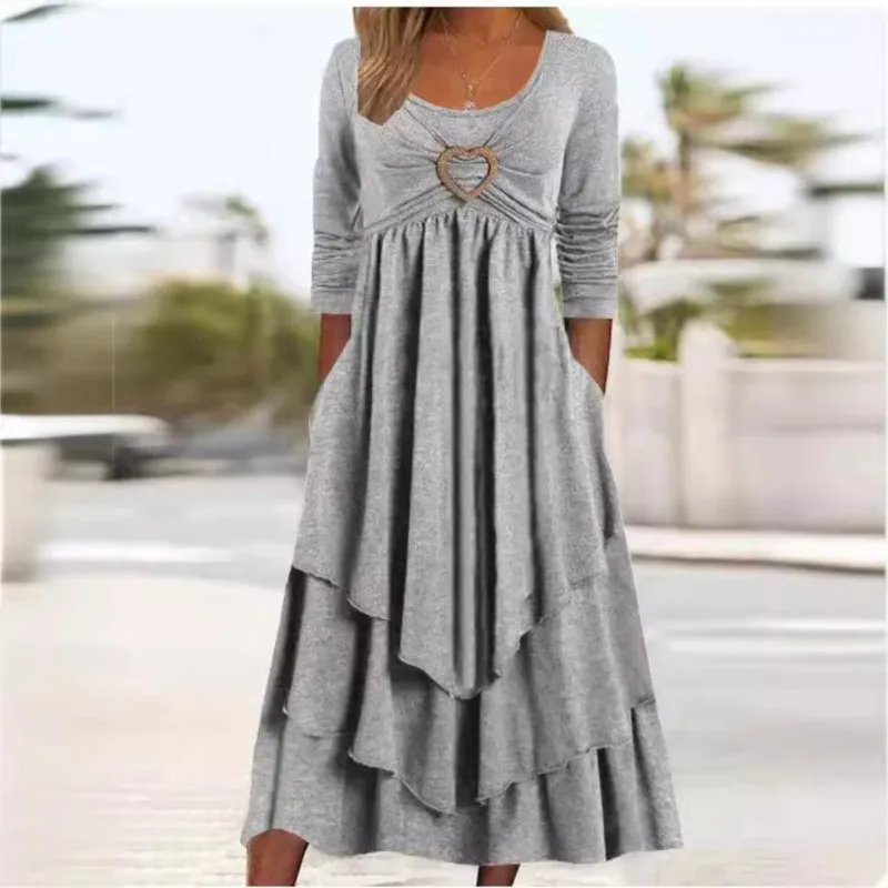 

Elegant Party Dresses Spring Autumn New Solid Color Waist Layer Cake Hem Casual Long Skirt Women's Clothing Dress Ropa Mujer