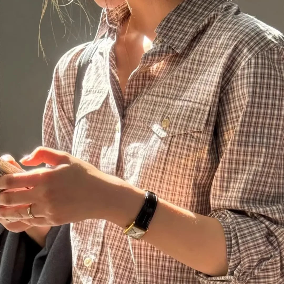 

Retro Briti ThBarnet Long Sve irt with ket Plaid Design Loose Fit Cotton Women's Premium Faion Top Dongda Gate