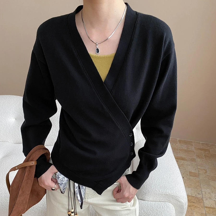 

Women Knitted Cardigan Sweater Solid Jumper Button Asymmetrical Cinched Waist V Neck Long Sleeve Loose Casual 2025 Autumn Winter