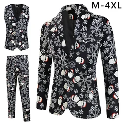 Fashion Christmas Prom Party Stage Costumes Men 3 Piece Sets Suit Jacket + Vest + Trousers Plus Size Xmas Printed Mens Clothing