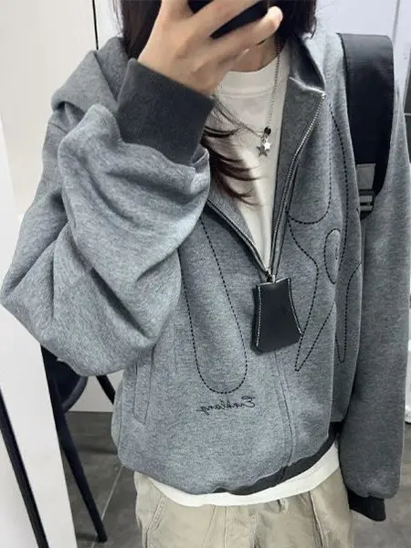 

Loose Fit Grey Embroidered Hoodie Women's Spring Autumn Harajuku Style Versatile Casual Outerwear Trendy Street Style