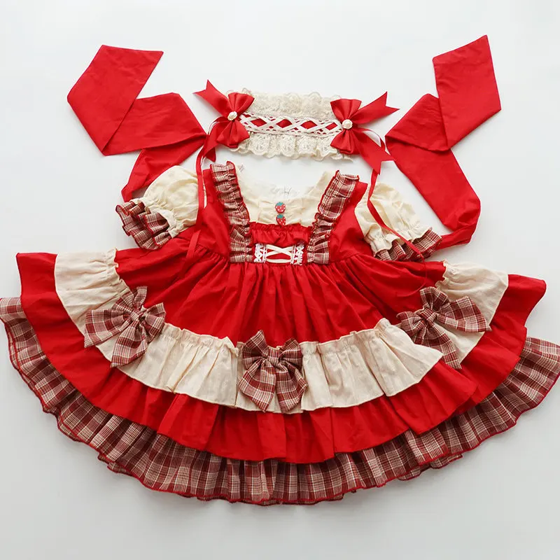 Rotes kariertes Kinder-Kostüm-Set im Rotkäppchen-Lolita-Stil mit Puffärmeln, Rüschenrock, Schleife und Spitzen-Stirnband für Kinder-Cosplay. – Detail 5