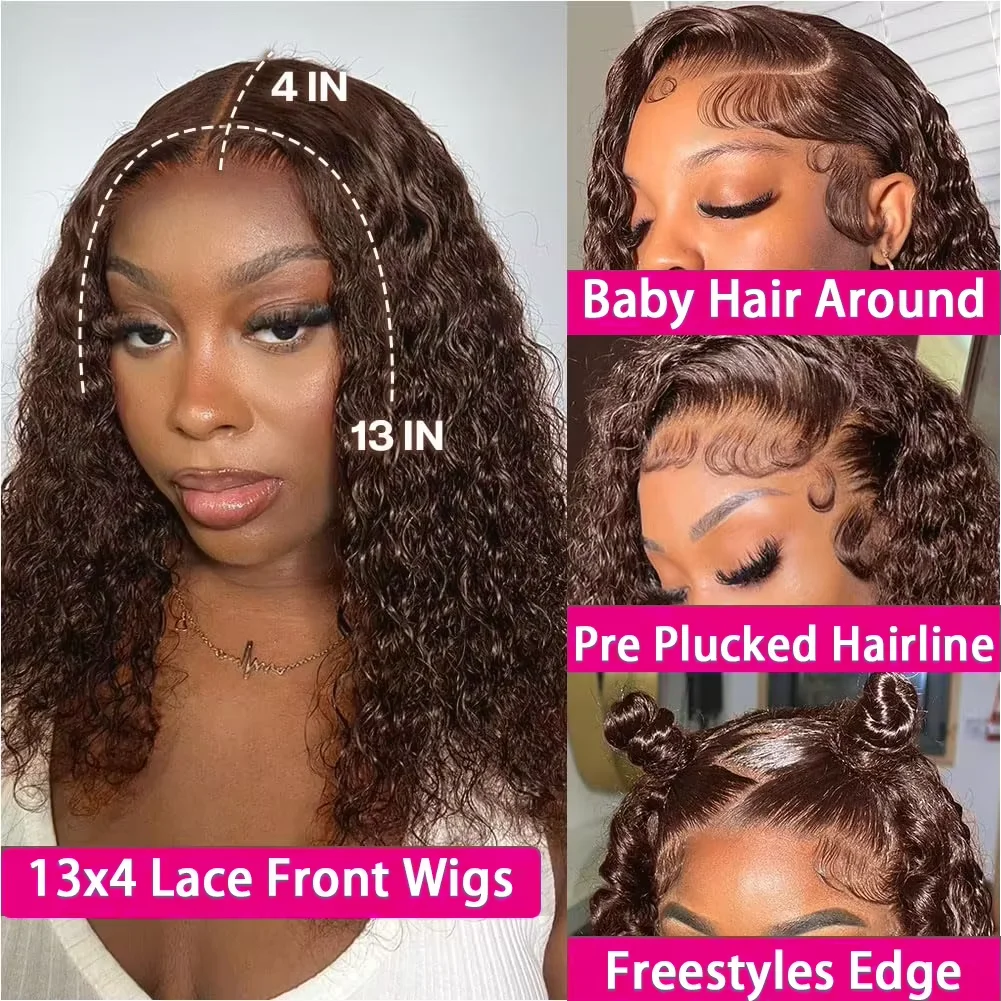 Brown kinky Curly Short Bob Wig 13x4 4x4 Bob Wigs Brazilian Water Deep Wave Human Hair Wig Preplucked For Woman Short Pixie