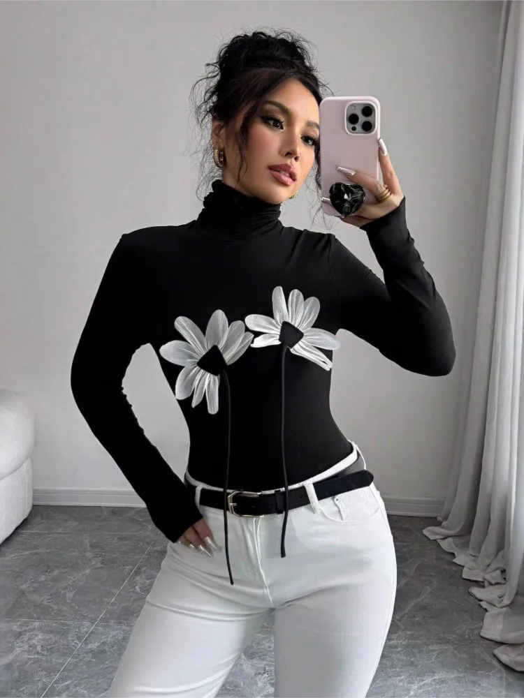 

2025 High Neck Blusas Long Sleeve Flower Tops T Shirt Tees Patchwork Slim All-match Simple Style Long Sleeves Casual Commuting