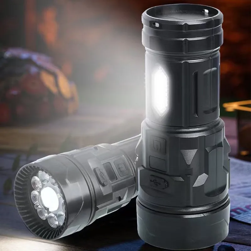 New Multi-Function Flashlight - 9-Light Super Bright, White/Warm Light, Digital Side Lamp, Red-Blue Emergency Warning
