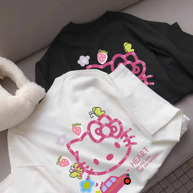 Kawaii Sanrio Hello Kitty Cartoon Y2K T Shirt Girl Cute Anime Kitty Cat Harajuku Ullzang T-shirt Graphic Streetwear Tshirt Women