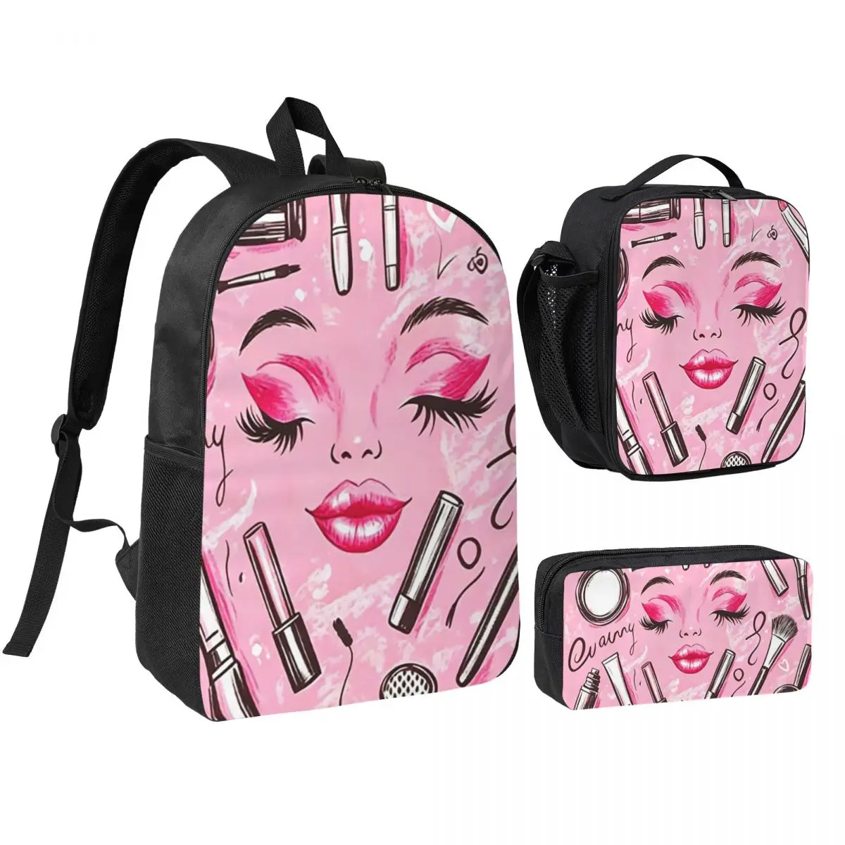 Pink Beauty Element Makeup Pattern Backpack Student BookBag School Bag Shoulder Bags 3ps Insulated Lunch Bag Pencil Case