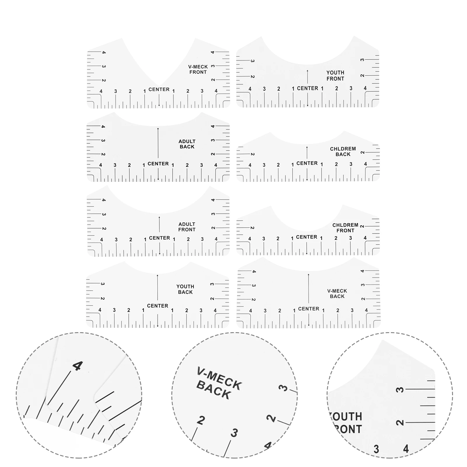 

8 Round Neck Rulers Tshirt Measuring Guide Metric PVC Tools Lightweight Portable Storage Clear Numbers Aligned Marks