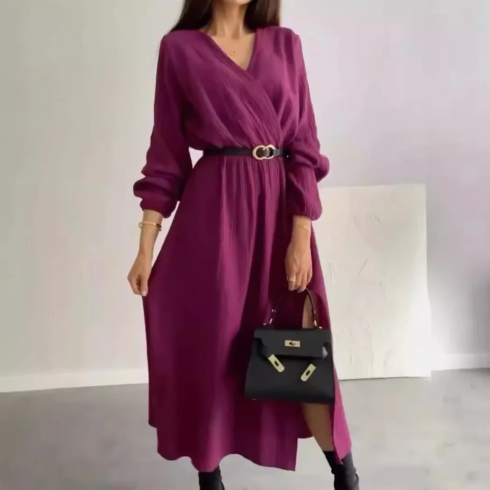 

Women's Dress Spring Autumn Fashion Delicate New V-Neck Puff Long Sleeve Slim Bright Surface Pleated Elegant Women Robe Femme