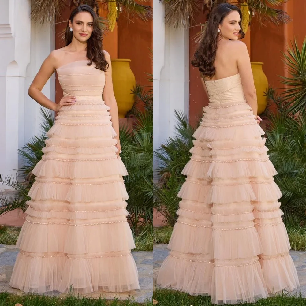 Customized Fashion Formal Tulle Beading Tiered A-line Strapless Long Dresses Bespoke Occasion Dresses Sizes Available Matching