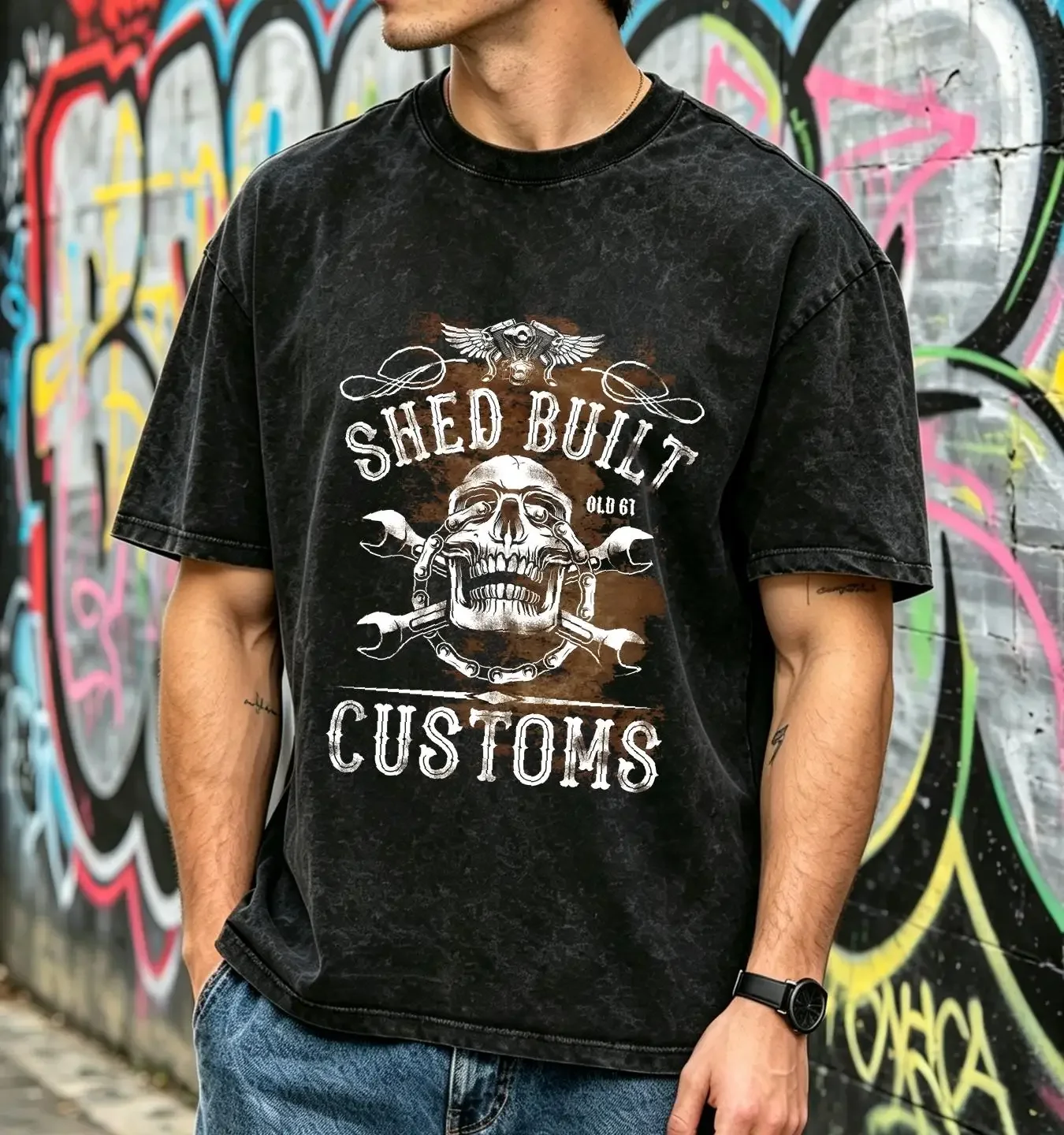 washed T Shirt Biker Shed Built Customs Cafe Racer Chopper Bobber With Front Logo vintage Washed Breathable Versatile graphic