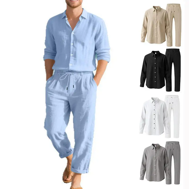 

Casual Loose Linen Long Sleeve Shirt And Pants Set Thin Autumn Winter Men's Clothing Youth Four Seasons Long Pants Shirt Set