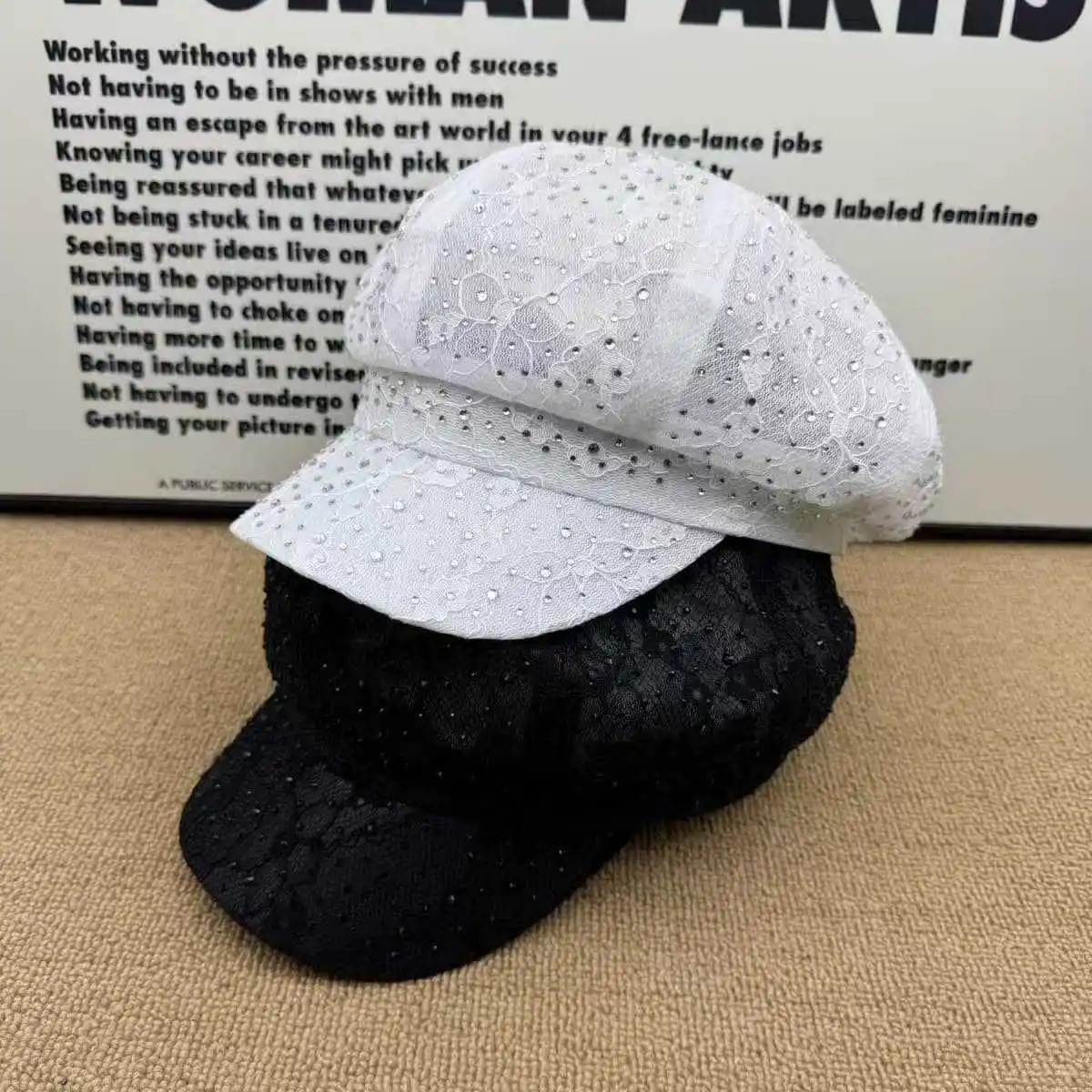 Openwork Lace Beret with Rhinestone Embellishments, Breathable, Versatile, Sun-Protective Octagonal Hat