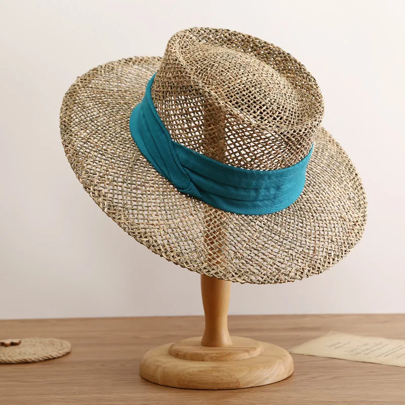 Retro straw hat natural seagrass hand-woven colorful tri-fold with bump top Hepburn style holiday beach summer sun hat for woman