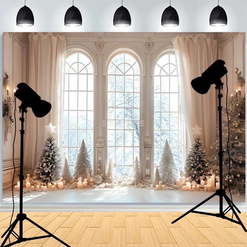 

Christmas Tree Gifts Window Photography Backdrop Living Room Snowflake Family Party New Year Holidays Studio Background XH-23