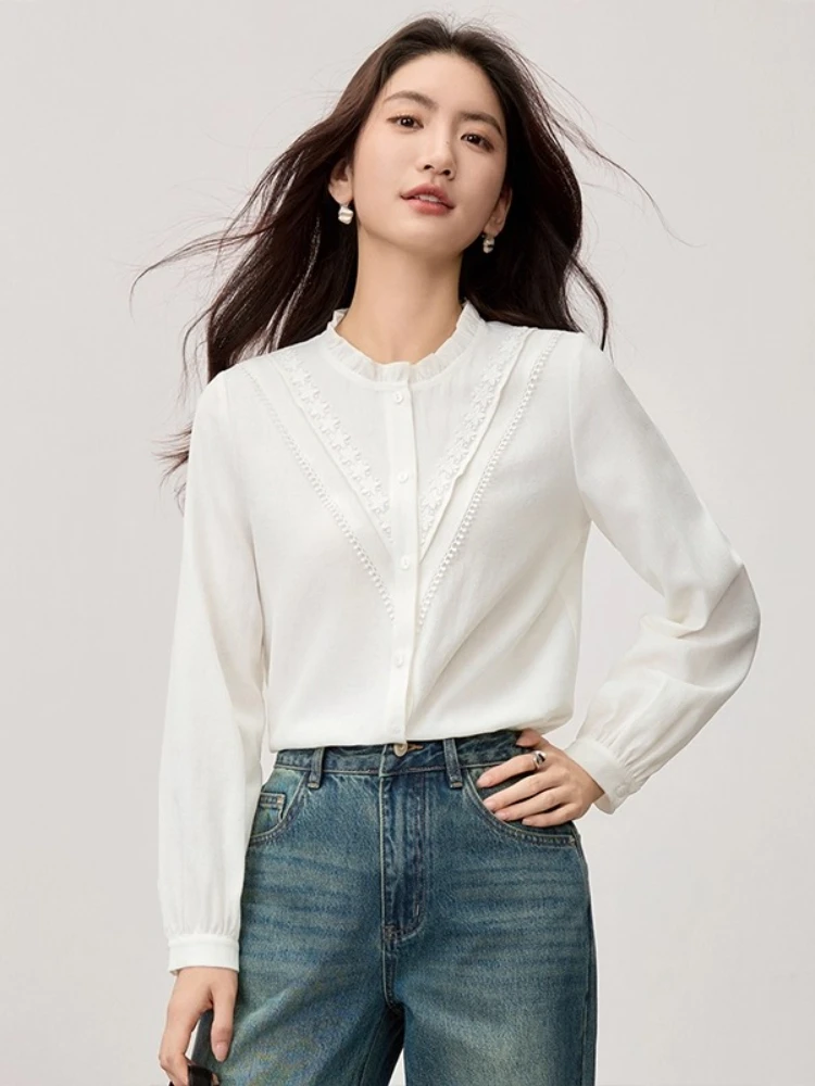 

SENTUBILA женская рубашка с длинными рукавами, осень 202, с круглым вырезом, съедобное дерево, грибок, кружевная лоскутная блузка с вставками, офисная женская блузка 153CB2513