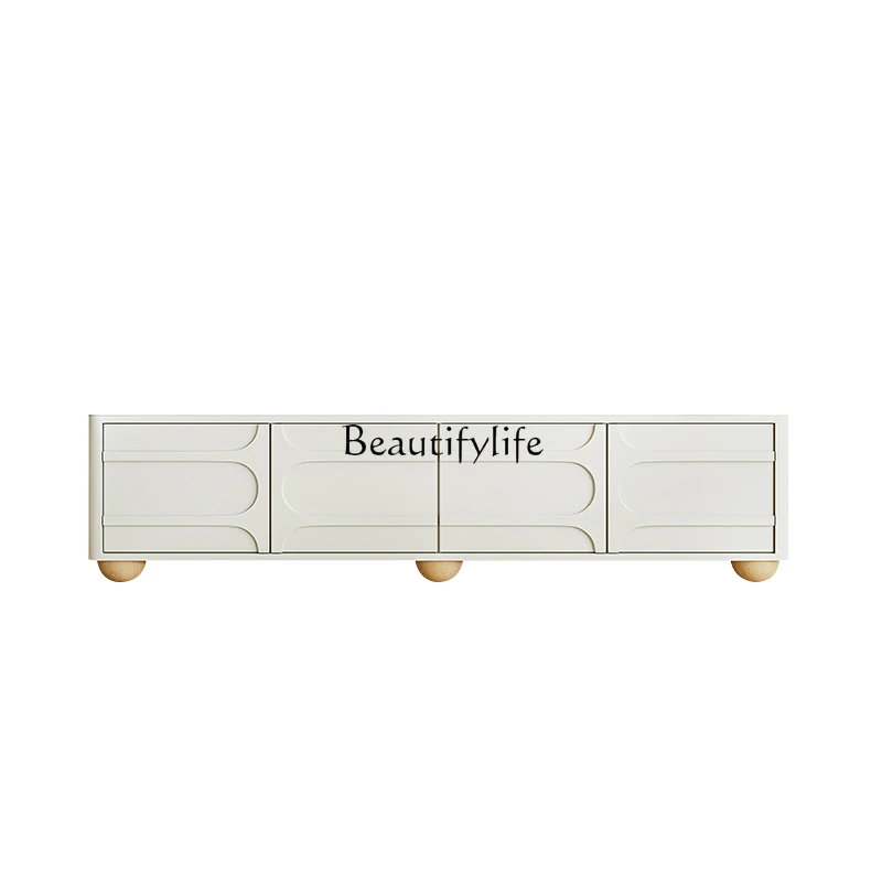 

Solid wood TV cabinet French beige cream style living room modern simple locker wabi sandy wind